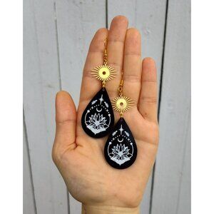 Black Lotus Teardrop Earrings Boho Celestial Dangle Earrings with Gold Sun Charm